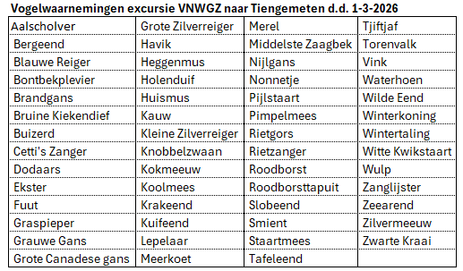 Vogelwaarnemingen Tiengemeten 01032026